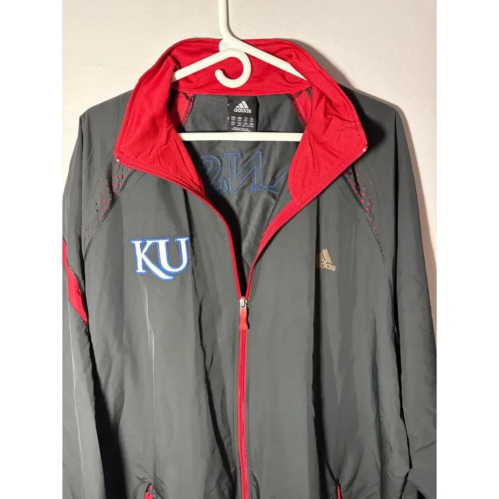 Vintage Kansas Jayhawks Full Zip Adidas Embroidered Gray Warm Up Jacket Sz 2XT